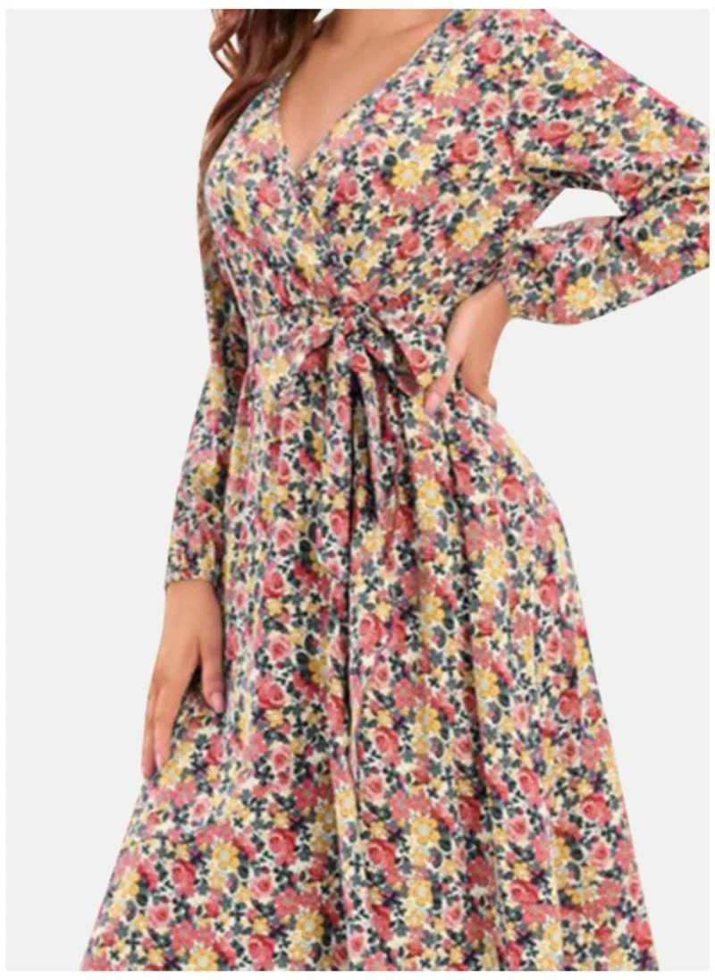 YUNIQEE Multicoloured Floral Printed V-Neck Puff Sleeves Gathered Fit & Flare Midi Dress