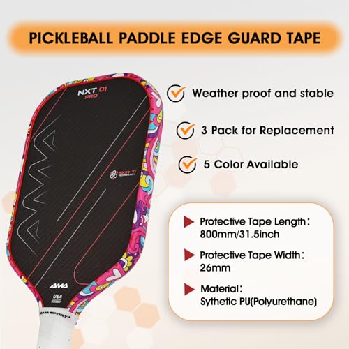 AMA SPORT Pickleball Paddle Edge Guard Tape 3 Pack Edge Protection Tapes 26mm Width Paddle Edge Cover Perfectly Fits Curved Edge Without Wrinkling (Magical Pink) - Image 3