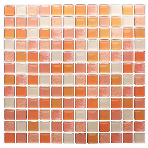 Yoillione 3D Mosaic Tile Sticker Removable Wallpaper Tile Orange, 3D Self Adhesive Wall Tiles Bathroom Wall Tiles for Kitchen Backsplash Orange, PVC Square Decorative Vinyl Decals, 4 Sheets - Image 1