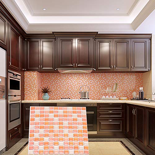 Yoillione 3D Mosaic Tile Sticker Removable Wallpaper Tile Orange, 3D Self Adhesive Wall Tiles Bathroom Wall Tiles for Kitchen Backsplash Orange, PVC Square Decorative Vinyl Decals, 4 Sheets - Image 3