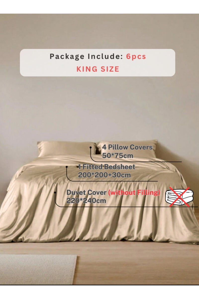 LUNA Home Silky Satin, King Size 6-Piece Bedding Set, Plain Gold Brown Color 220x240cm. - Image 2