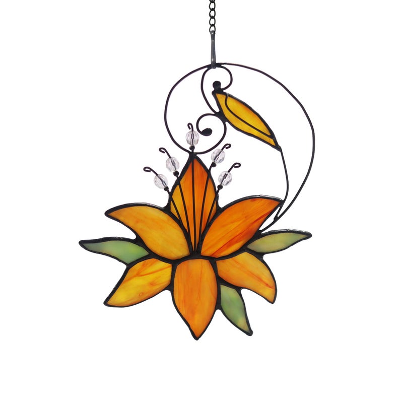 HAOSUM Orange Tiger Lily Flower Gift for Her Women Love Gift Stained Glass Window Hanging Floral Suncatcher for Mothers Day Birthday Valentine Day Gifts for Women Girlfriend 
