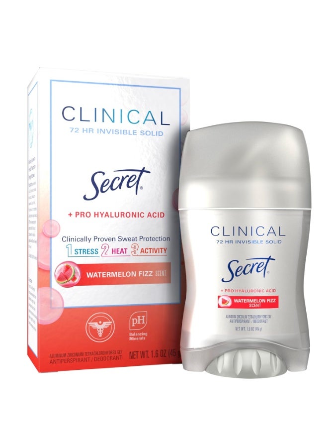 Secret Clinical Strength Antiperspirant Deodorant for Women, 3X Stress Protection, 72hr Sweat & Odor Protection, Pro-Hyaluronic Acid, Invisible Solid, Watermelon Summer Fizz Scent, 1.6 oz - Image 1