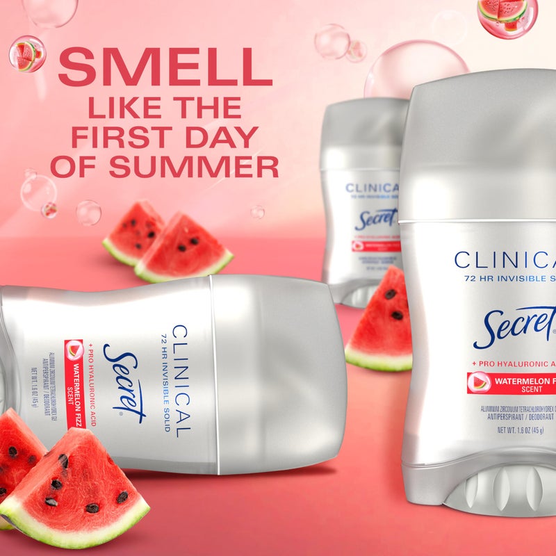 Secret مزيل العرق السرّي بقوة سريرية للنساء، حماية من التوتر 3X، حماية من العرق والرائحة لمدة 72 ساعة، حمض الهيالورونيك، صلب غير مرئي، رائحة بطيخ صيفي فوار، 1.6 أونصة - Image 4