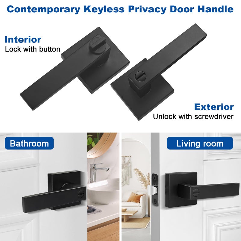 Estmoon 1 Pack Door Handle Black Interior Door Knobs, Keyless Privacy Door Lock for Bathroom, Heavy Duty Zinc Alloy, 2.07 lb Door Lever Set for Bedroom Bathroom - Image 2