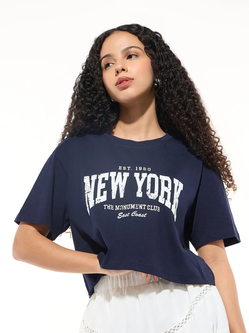 OUTZIDR Navy Blue Cropped Boxy T-shirt With Graphic