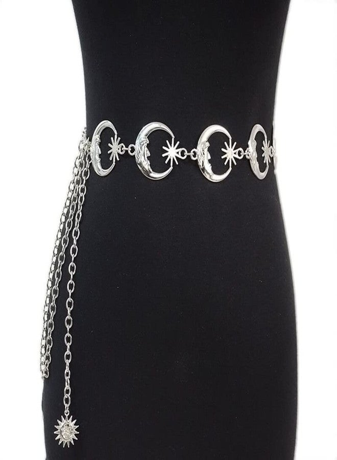 Pingyongchang Chain Belt for Women Metal Western Waist Belts Moon Star Metal Boho Decorated Skinny Waist Chain Belt Sun Pendant Belly Body Chains Jewelry-Silver - Image 5