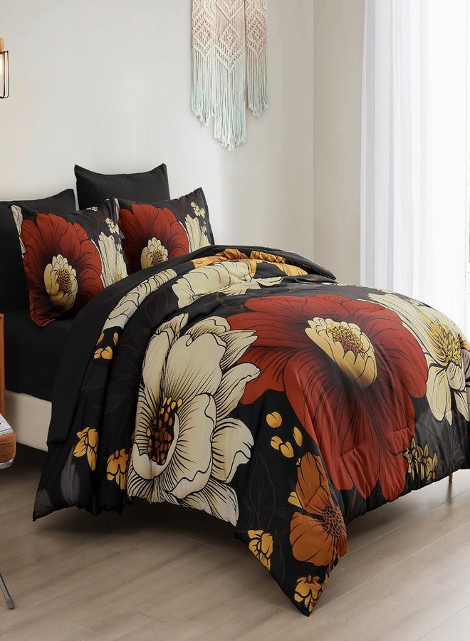 Xruibed Black Floral Comforter Set Queen Size 7 Pieces Bed in a Bag Flower Bedding Sets Lightweight Boho Bed Set with Sheet,Pillowcases&Shams for All Season - Image 2