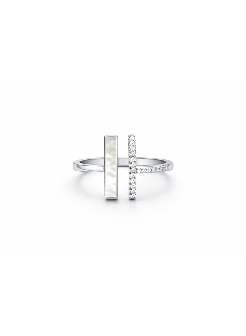 Fine Silver 925 Sterling Silver Women's Geometric Bar Ring with Natural Mother of Pearl Inlay - Image 1