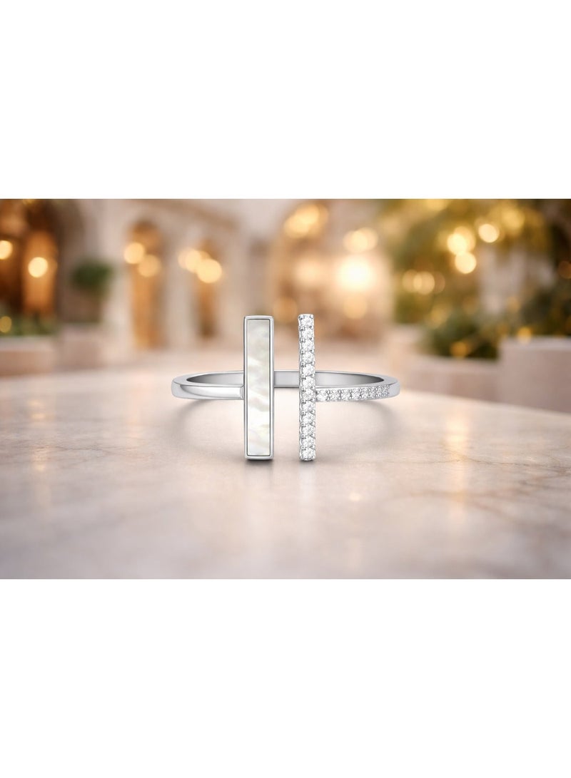 Fine Silver 925 Sterling Silver Women's Geometric Bar Ring with Natural Mother of Pearl Inlay - Image 2