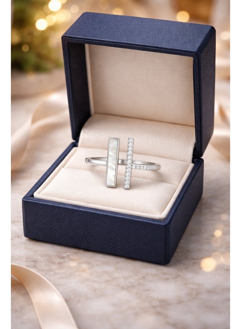 Fine Silver 925 Sterling Silver Women's Geometric Bar Ring with Natural Mother of Pearl Inlay - Image 3