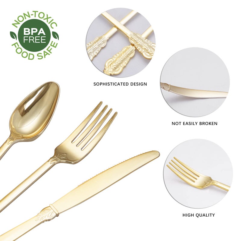 NOCCUR 180PCS Gold Plastic Cutlery Set - Gold Plastic Silverware Disposable - Include 60 Forks  60 Spoons  60 Knives - Perfect for Parties & Weddings - Image 4