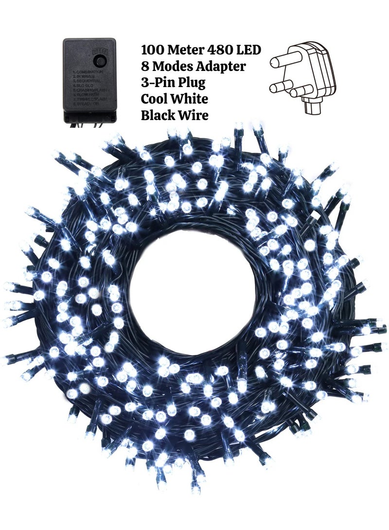 يوويل 100 متر 480 سلسلة أضواء LED أضواء الديكور ضوء أبيض بارد 8 أوضاع LED ضوء سلك أسود لديكورات المنزل أضواء رمضان ديكور داخلي وخارجي ديكور رمضان ضوء ديوالي أضواء الستار مع قابس 3 دبابيس في المملكة المتحدة - Image 1