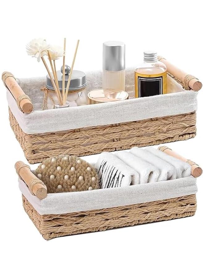 HOOKOR 2-Pack Rectangle Woven Home Storage Baskets with Washable Liner, Paper Rope Storage Baskets Straw Rattan Basket for Organizing with Handle, Cosmetic Storage Box (Wood) - Image 1