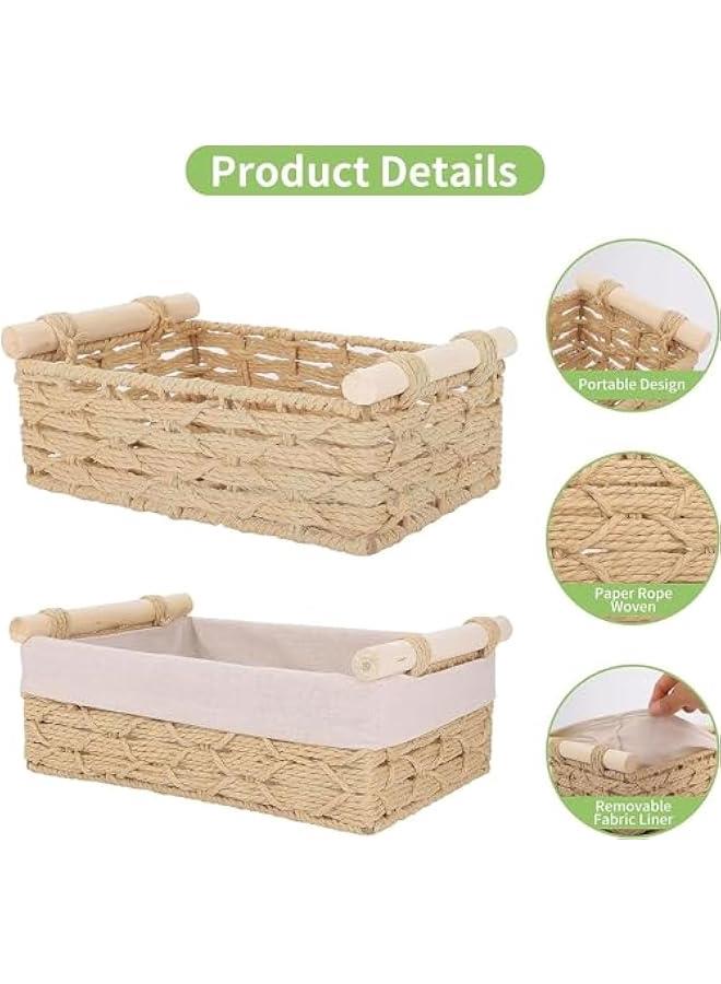 HOOKOR 2-Pack Rectangle Woven Home Storage Baskets with Washable Liner, Paper Rope Storage Baskets Straw Rattan Basket for Organizing with Handle, Cosmetic Storage Box (Wood) - Image 2