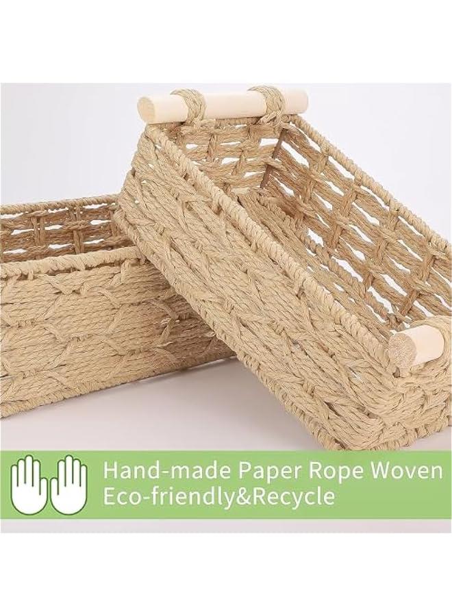 HOOKOR 2-Pack Rectangle Woven Home Storage Baskets with Washable Liner, Paper Rope Storage Baskets Straw Rattan Basket for Organizing with Handle, Cosmetic Storage Box (Wood) - Image 3