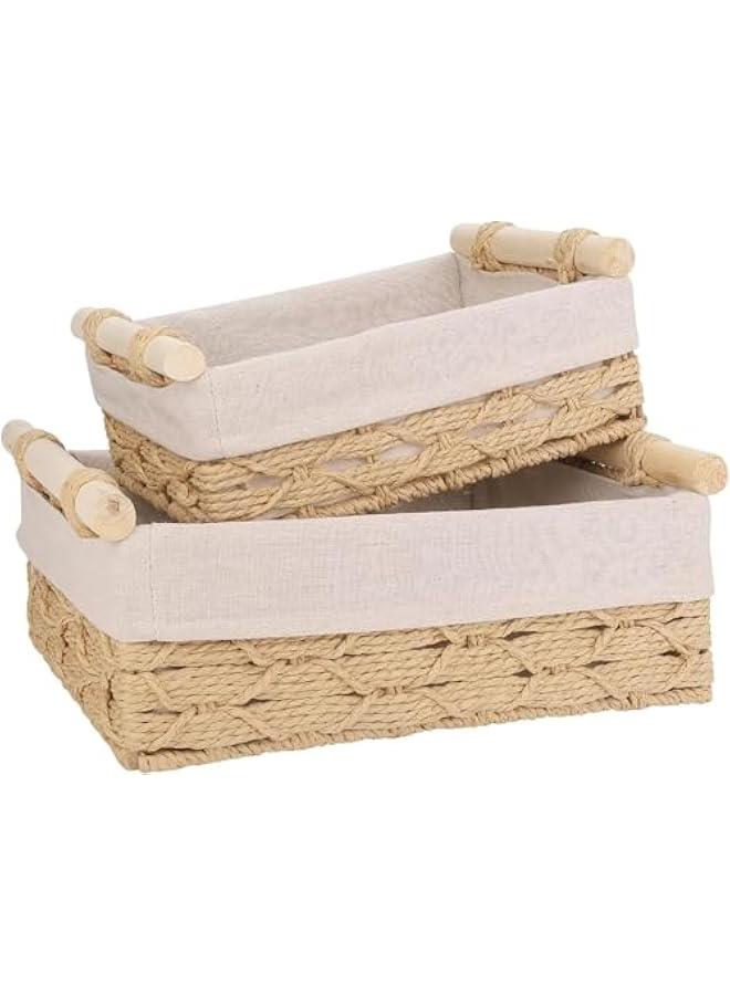 HOOKOR 2-Pack Rectangle Woven Home Storage Baskets with Washable Liner, Paper Rope Storage Baskets Straw Rattan Basket for Organizing with Handle, Cosmetic Storage Box (Wood) - Image 5