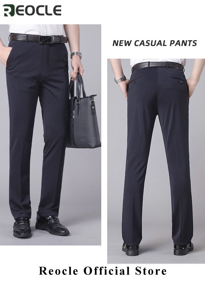 REOCLE Men's Pant Classic Slim-Fit Flat-Front Suit Pant Skinny Pants Gentleman Anti-wrinkle Suit Pants Summer Thin Trousers Loose Straight Fit Trousers  - Image 4