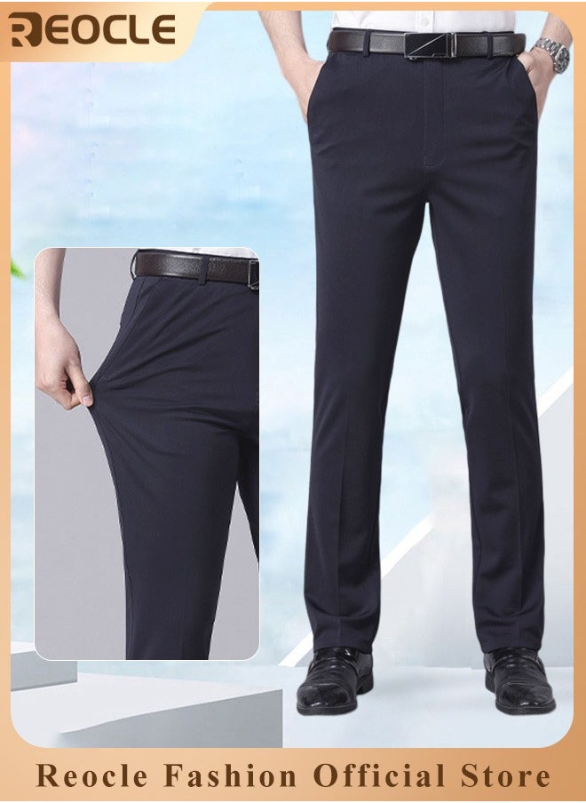 REOCLE Men's Pant Classic Slim-Fit Flat-Front Suit Pant Skinny Pants Gentleman Anti-wrinkle Suit Pants Summer Thin Trousers Loose Straight Fit Trousers  - Image 1