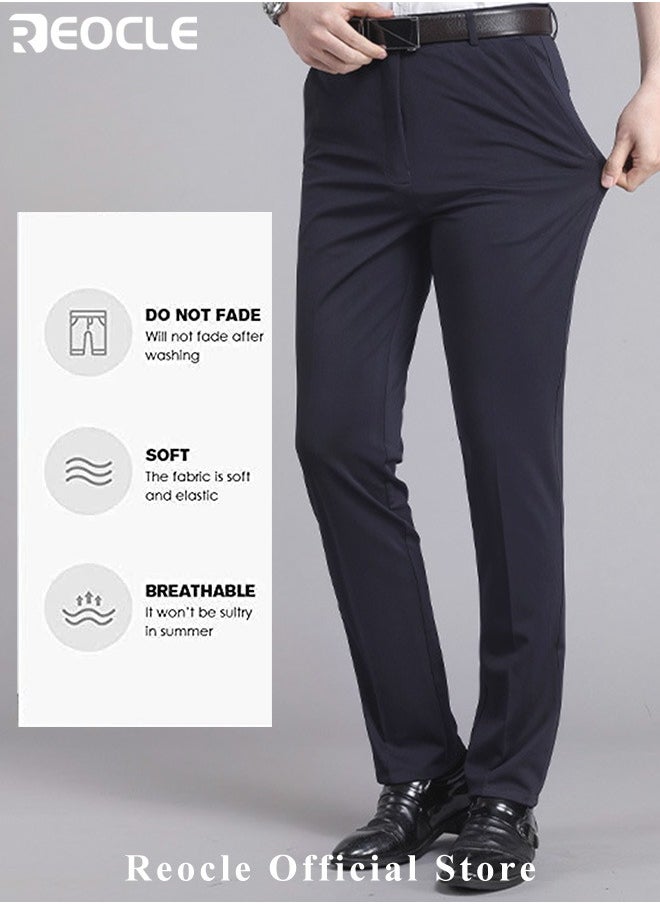 REOCLE Men's Pant Classic Slim-Fit Flat-Front Suit Pant Skinny Pants Gentleman Anti-wrinkle Suit Pants Summer Thin Trousers Loose Straight Fit Trousers  - Image 2
