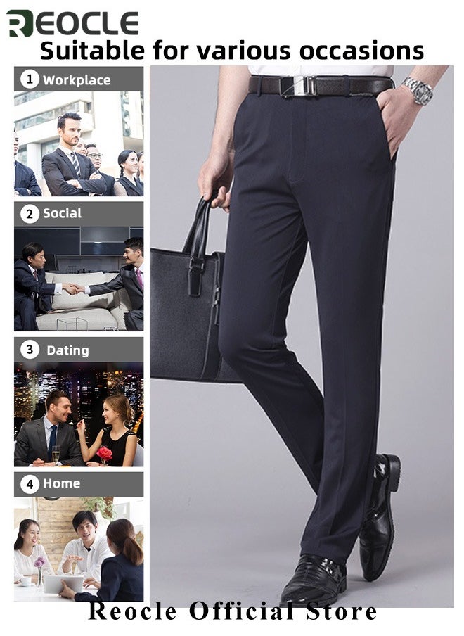 REOCLE Men's Pant Classic Slim-Fit Flat-Front Suit Pant Skinny Pants Gentleman Anti-wrinkle Suit Pants Summer Thin Trousers Loose Straight Fit Trousers  - Image 5