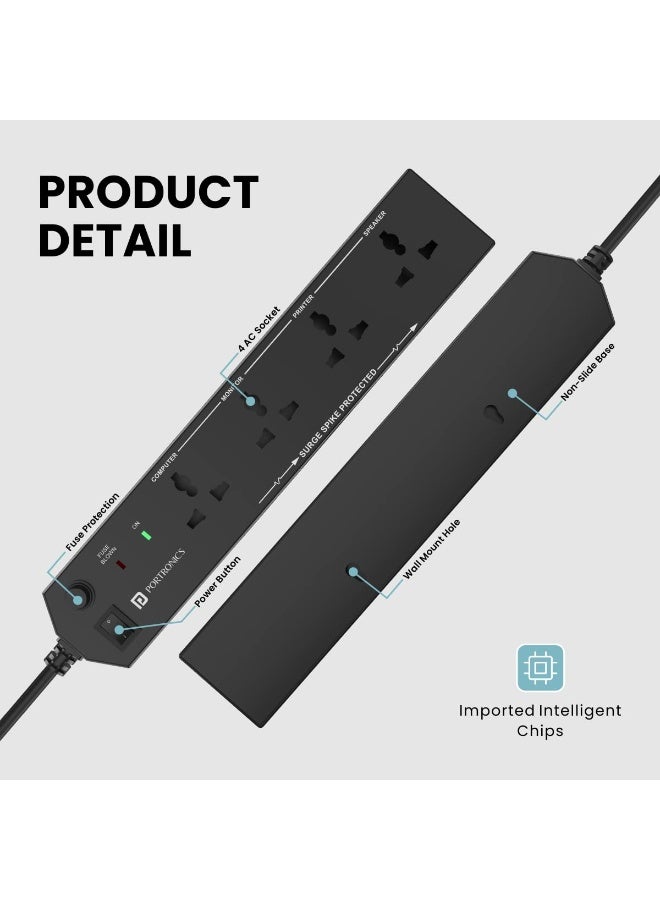 Portronics Power Plate 10 Extension Board with 4 Universal Sockets, 3 Meter Long Cord, 1500 Watts, 6 Amp Multi Plug for Office & Home Appliances (Black) - Image 5
