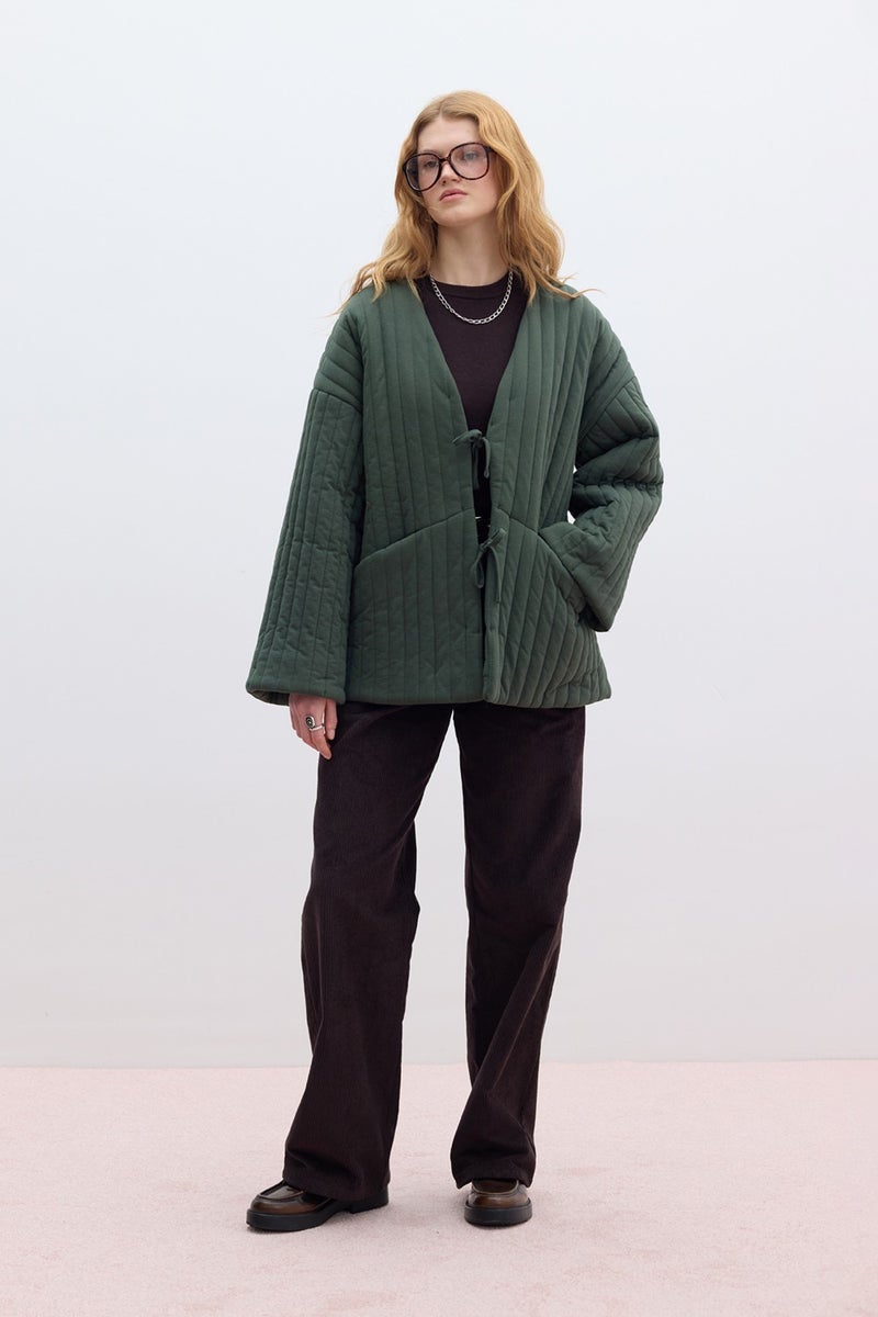 Manuka Quilted Tie Coat Green  - Image 2