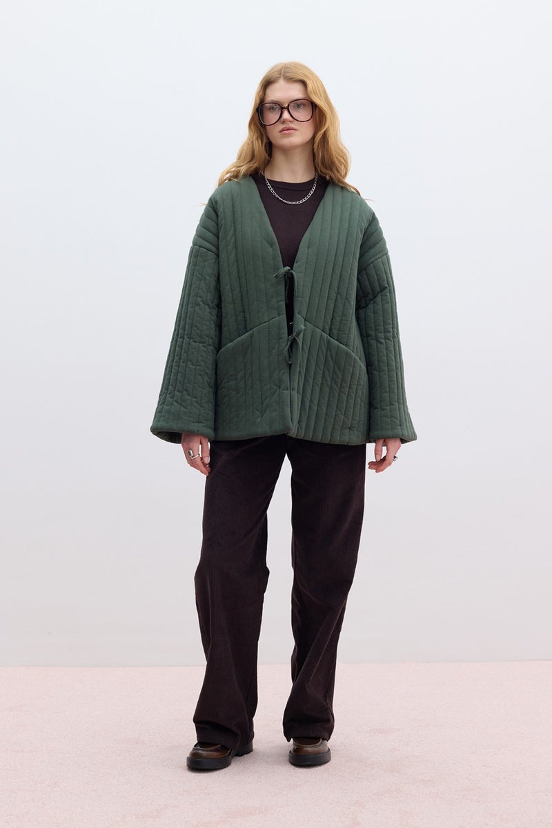 Manuka Quilted Tie Coat Green  - Image 5