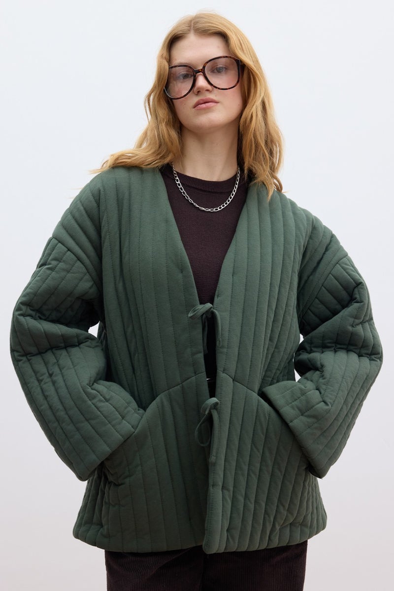 Manuka Quilted Tie Coat Green  - Image 1