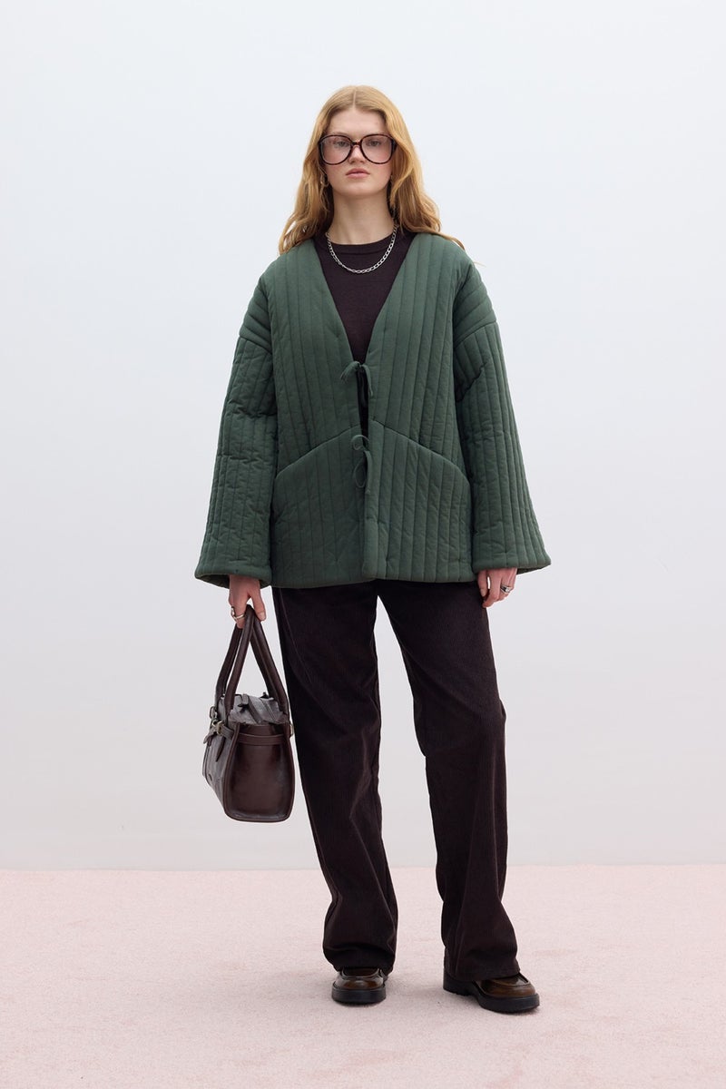 Manuka Quilted Tie Coat Green  - Image 4