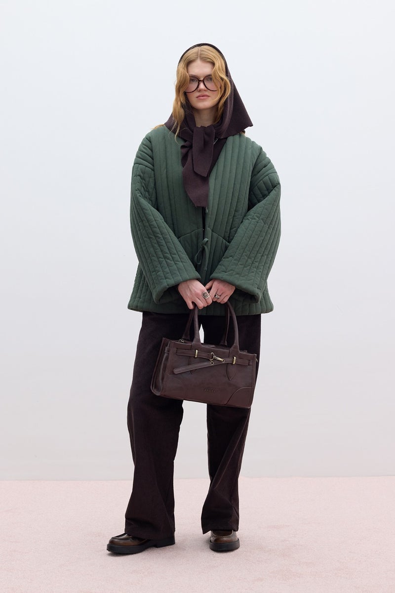 Manuka Quilted Tie Coat Green  - Image 3
