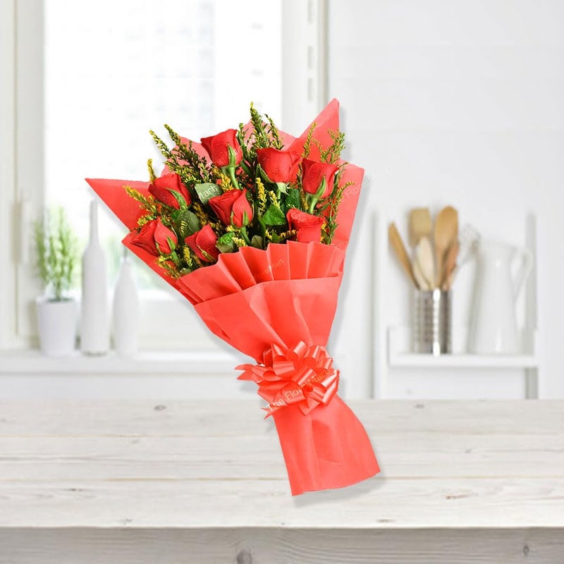 The FloralMart The FloralMart Fresh Flowers Bouquet of 08 Red Roses in Premium Red Paper Wrapping Gift for All Occasions Birthdays Anniversay Mothers Day Couple