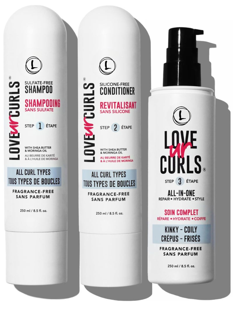 Love Ur Curls Fragrance Free Shampoo  Conditioner Set with All in One Curl Cream Styler for Kinky  Coily Hair 3 Step System to Repair 200 mL