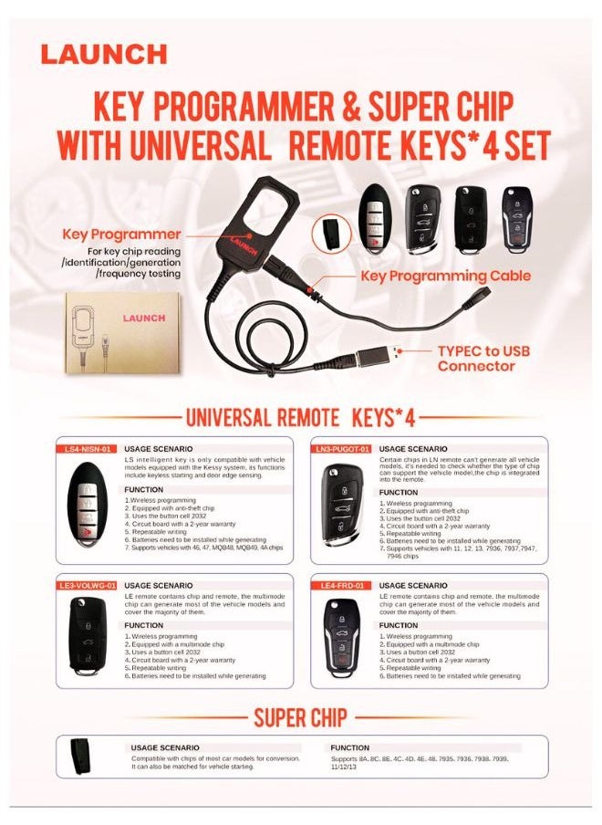 Launch - Car Key Programmer Remote Maker Transponder Super Chip 4 Set Smart Key Launch X431 - Image 1