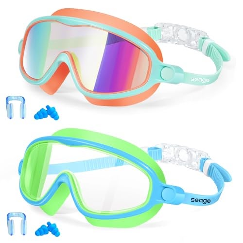 Seago Kids Goggles for Swimming 2 Pack No Leaking AntiFog Outer Eye Fit with Wide View UV Protection Crystal Clear Watertight Swim Goggles with nose cover Suitable for Children Youth Boys Girls Age 3 to 14 - Image 1