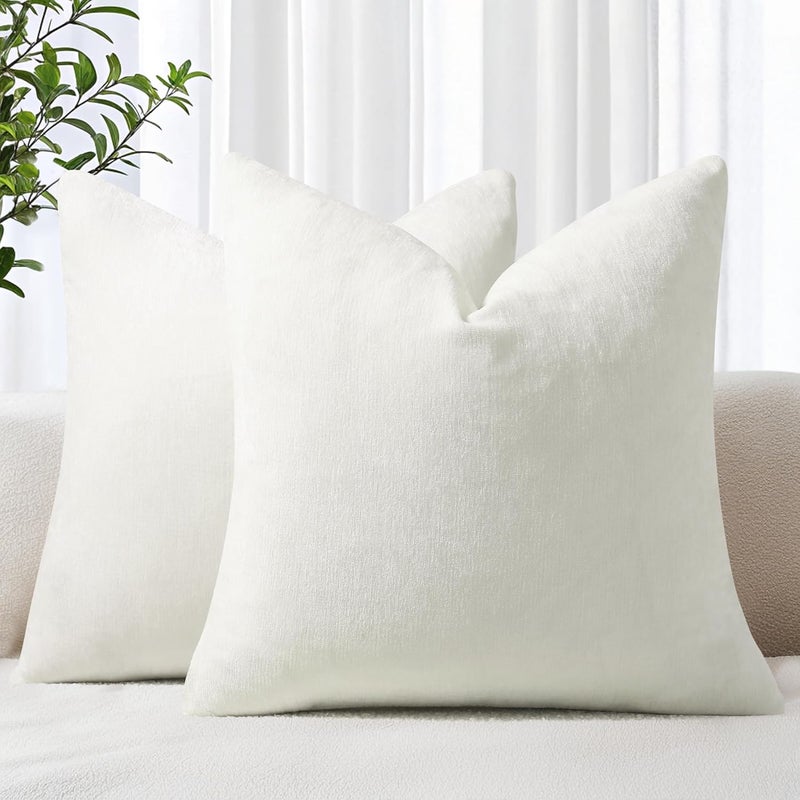 ديكور يو هوم أغطية وسائد زخرفية من ديكور يو هوم، شينيل، لون أبيض كريمي، مقاس 26×26 بوصة، مجموعة من 2، أغطية وسائد أريكة ناعمة مزخرفة، مصبوغة بشكل متين، لمسة مزرعة محايدة، أغطية وسائد مربعة للأريكة - Image 1