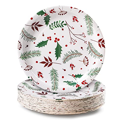MATICAN Party Paper Plates, 50-Pack Disposable Paper Plates Christmas Party Supplies, Christmas Holly Design, 9-Inch Dinner Plates - Image 1