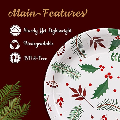 MATICAN Party Paper Plates, 50-Pack Disposable Paper Plates Christmas Party Supplies, Christmas Holly Design, 9-Inch Dinner Plates - Image 5