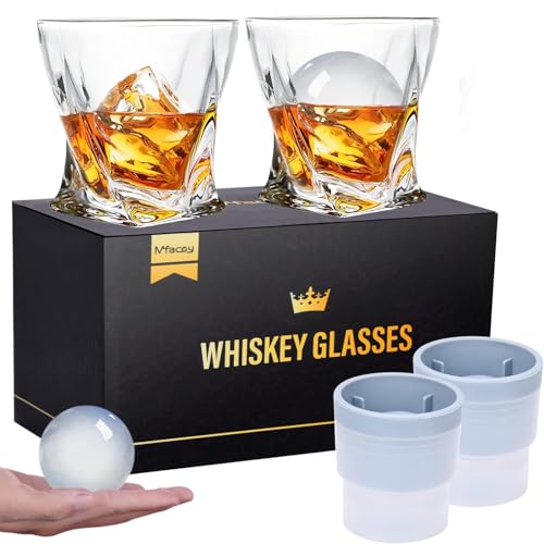 Mfacoy Old Fashioned Whiskey Glasses Set of 4 (2 Crystal Bourbon Glasses, 2 Round Big Ice Ball Molds 11 Oz Rocks Glass with Gift Box, Barware for Scotch Cocktail Rum Vodka Liquor, Gifts for Men - Image 1
