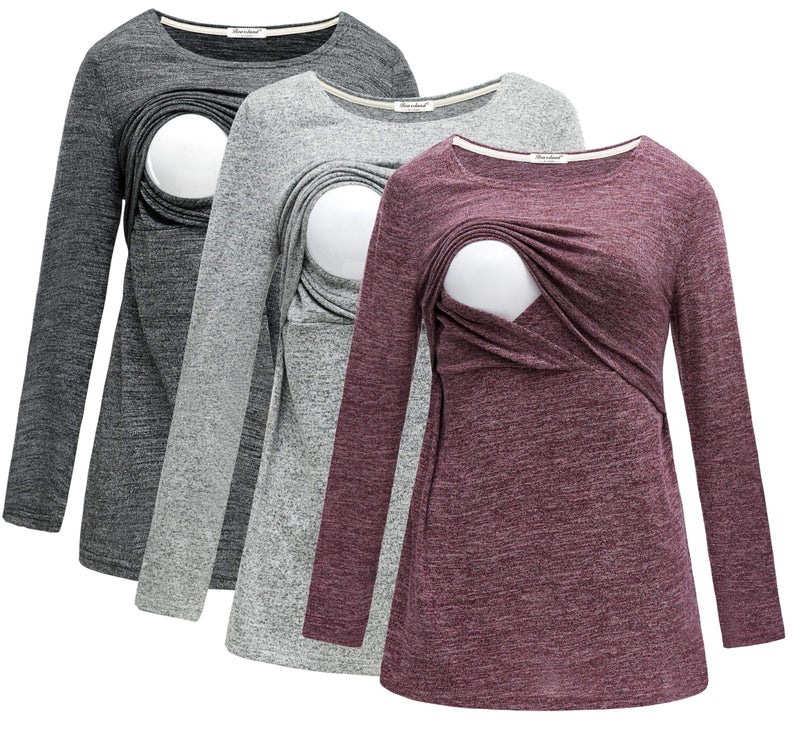 Bearsland Women's Maternity Clothes Long Sleeves Breastfeeding Shirts and Nursing Top,blackgrayred,L - Image 1