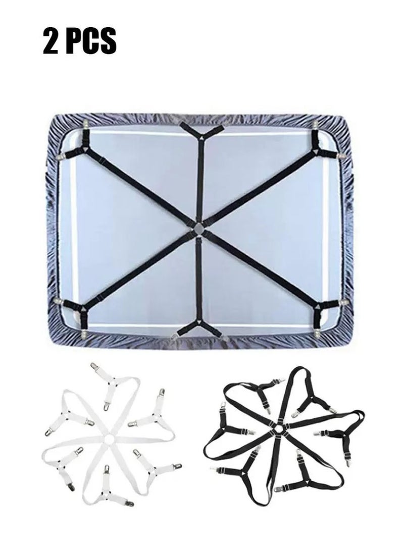 روكاوات قطعتان من أشرطة حامل ملاءة السرير، مثبتات ملاءة مرنة قابلة للتعديل، شريط حمالات بمشابك ملاءة متقاطعة في 6 اتجاهات، مراتب مربعة مستديرة مناسبة لسرير مزدوج كامل، كوين، كينج (أسود + أبيض) - Image 1