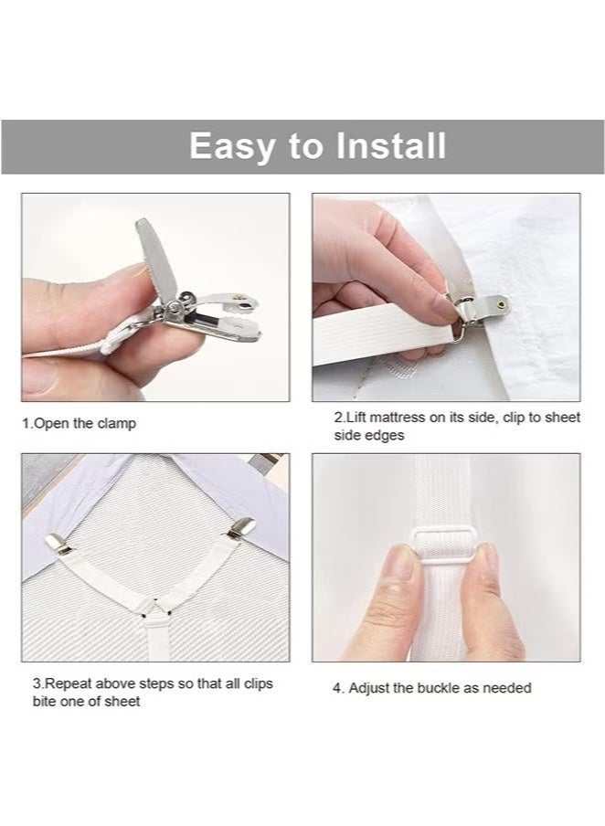 روكاوات قطعتان من أشرطة حامل ملاءة السرير، مثبتات ملاءة مرنة قابلة للتعديل، شريط حمالات بمشابك ملاءة متقاطعة في 6 اتجاهات، مراتب مربعة مستديرة مناسبة لسرير مزدوج كامل، كوين، كينج (أسود + أبيض) - Image 4