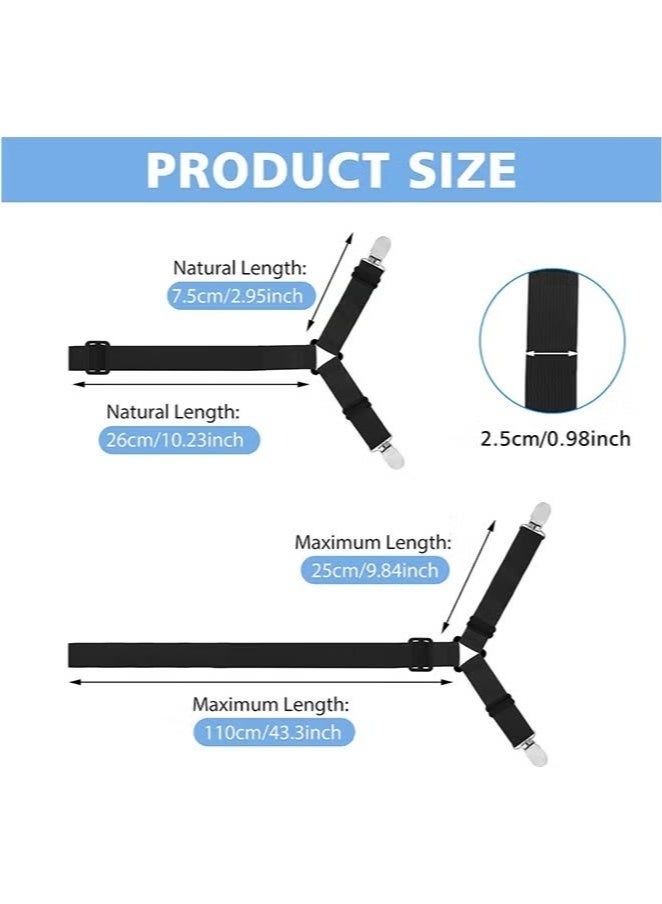 روكاوات قطعتان من أشرطة حامل ملاءة السرير، مثبتات ملاءة مرنة قابلة للتعديل، شريط حمالات بمشابك ملاءة متقاطعة في 6 اتجاهات، مراتب مربعة مستديرة مناسبة لسرير مزدوج كامل، كوين، كينج (أسود + أبيض) - Image 5