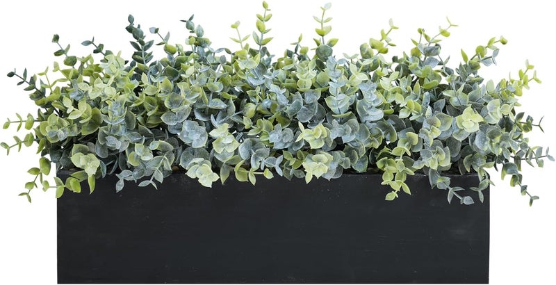Winlyn 14" Artificial Eucalyptus Arrangement Faux Eucalyptus Plants in Black Rectangular Wooden Planter Box Artificial Potted Plant for Farmhouse Home Wedding Table Centerpiece Shelf Greenery Décor - Image 1