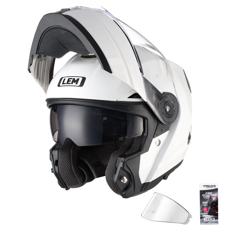 LEM Modular Motorcycle Helmets Fiberglass, Full Face Motorcycle Helmet Flip Up for Touring, DOT Certified, Release Sun Visor & Removable Comfort Liner, Lightweight Street Bike Helmet (White, S) - Image 1