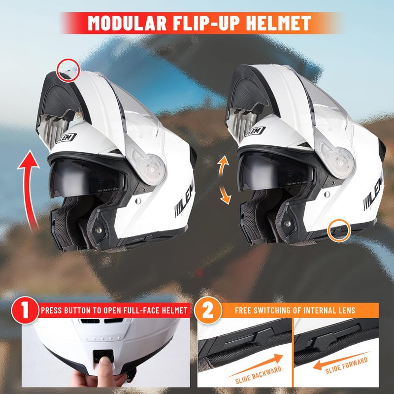 LEM Modular Motorcycle Helmets Fiberglass, Full Face Motorcycle Helmet Flip Up for Touring, DOT Certified, Release Sun Visor & Removable Comfort Liner, Lightweight Street Bike Helmet (White, S) - Image 3