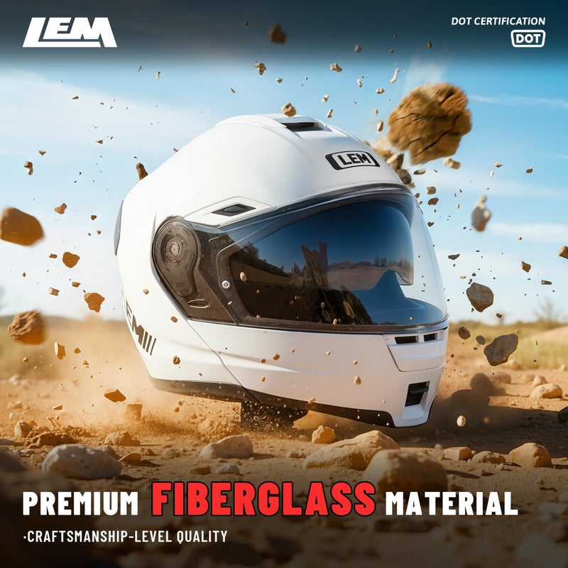 LEM Modular Motorcycle Helmets Fiberglass, Full Face Motorcycle Helmet Flip Up for Touring, DOT Certified, Release Sun Visor & Removable Comfort Liner, Lightweight Street Bike Helmet (White, S) - Image 4