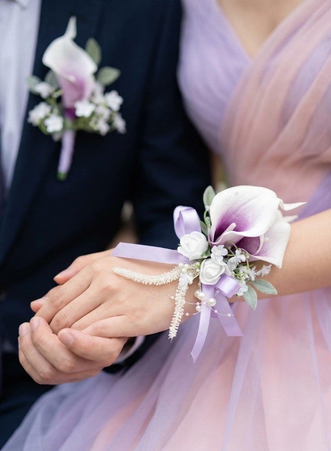 PartyforU Purple Boutonniere and Corsage Set, Prom Boutonniere Wrist Corsages Kit for Men Women Party, Wedding Boutonnieres and Corsage Wristlet for Groom Groomsmen Bride Bridesmaid - Image 3