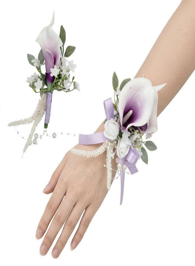 PartyforU Purple Boutonniere and Corsage Set, Prom Boutonniere Wrist Corsages Kit for Men Women Party, Wedding Boutonnieres and Corsage Wristlet for Groom Groomsmen Bride Bridesmaid - Image 1