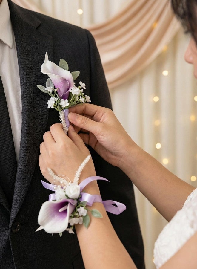 PartyforU Purple Boutonniere and Corsage Set, Prom Boutonniere Wrist Corsages Kit for Men Women Party, Wedding Boutonnieres and Corsage Wristlet for Groom Groomsmen Bride Bridesmaid - Image 2